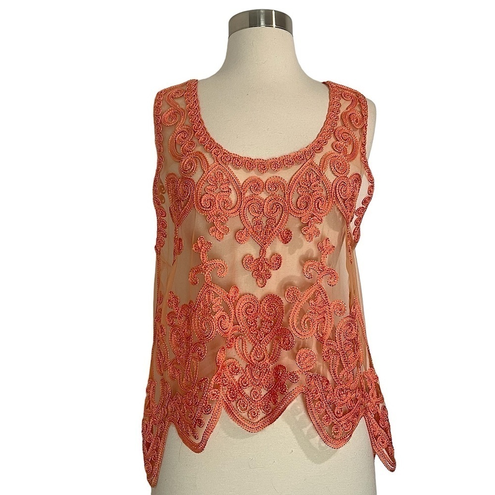 Peach Embroidered Mesh Lace Hearts Sheer Sleeveless Crewneck High Low Blouse